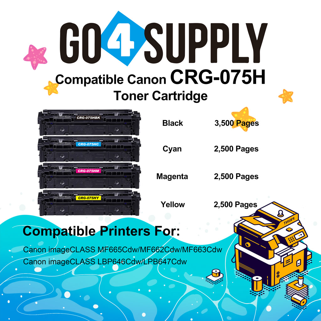 Compatible Canon 075H High-Yield Toner Cartridge Set for Color imageCLASS MF665Cdw, MF663Cdw, MF662Cdw, LBP647Cdw & LBP646Cdw – Black, Cyan, Yellow & Magenta (4-Pack)