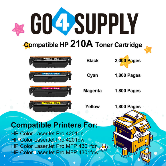 Compatible Combo Set HP 210A W2100A W2101A W2102A W2103A to use with HP Color LaserJet Pro 4201dn 4201dw;Color LaserJet Pro MFP 4301fdn 4301fdw Printers