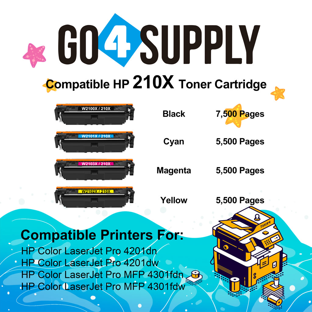 Compatible Combo Set HP 210X W2100X W2101X W2102X W2103X to use with HP Color LaserJet Pro 4201dn 4201dw;Color LaserJet Pro MFP 4301fdn 4301fdw Printers