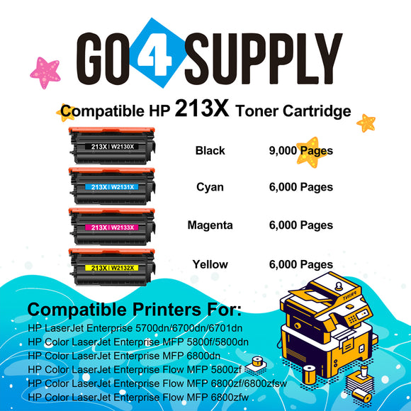 Compatible Combo Set HP 213X W2130X W2131X W2132X W2133X Toner Cartridge use for HP LaserJet Enterprise 5700dn/6700dn/6701dn, Color LaserJet EnterpriseVFP 5800f/5800dn/6800dn, Color LaserJet Enterprise Flow MFP5800zf/6800zf/6800zfsw/6800zfw Printers