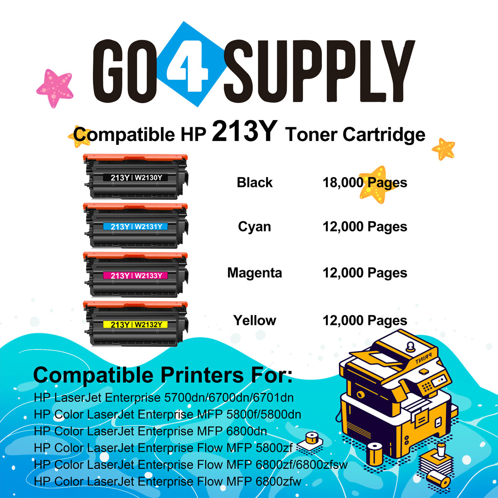 Compatible Combo Set HP 213Y W2130Y W2131Y W2132Y W2133Y Toner Cartridge use for HP LaserJet Enterprise 5700dn/6700dn/6701dn, Color LaserJet EnterpriseVFP 5800f/5800dn/6800dn, Color LaserJet Enterprise Flow MFP5800zf/6800zf/6800zfsw/6800zfw Printers