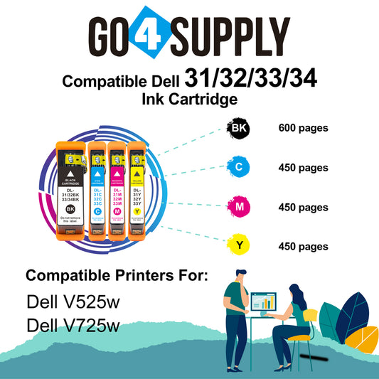 Compatible Combo Set Dell Standard Capacity DELL31/32/33/34 Ink Cartridge (Series 31) for Dell V525w V725w All-in-One Wireless Inkjet Printers (Black + Cyan + Magenta + Yellow)
