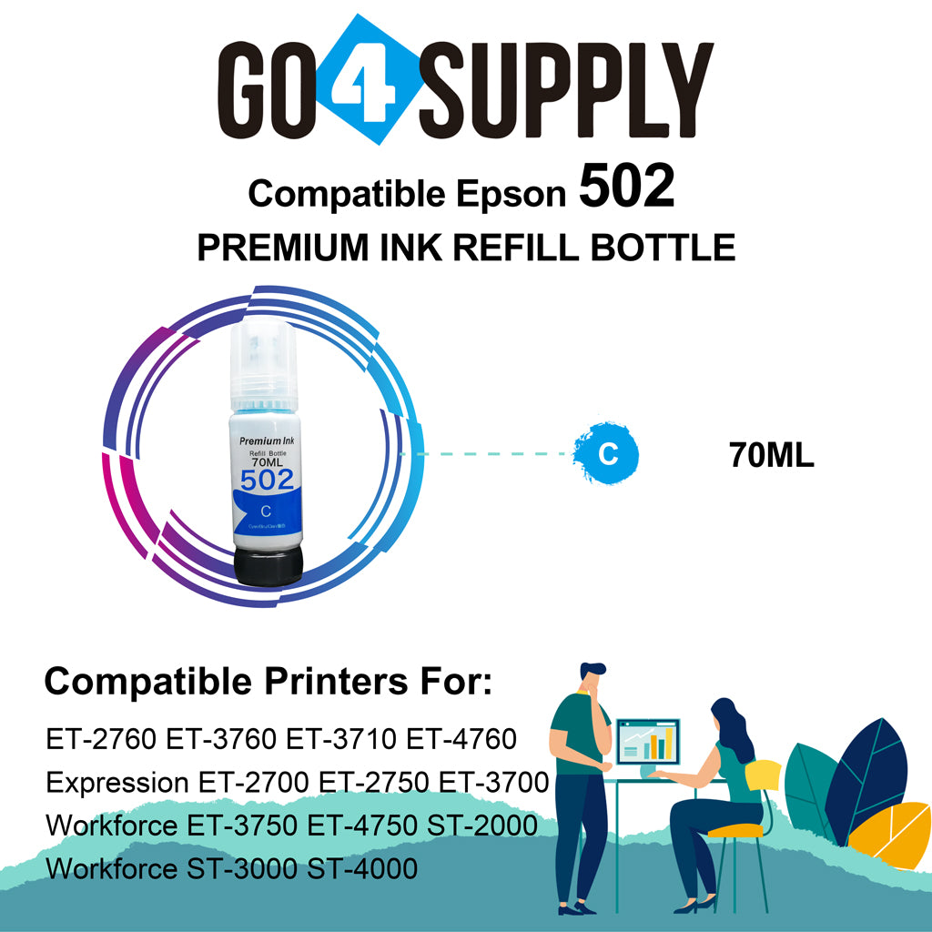 Compatible 502 Cyan Ink Refill Bottles for ET-2750 ET2760 ET-2803 ET-3750 ET-4750 ET-3760 ET-4760 ET-2850 ET-4800 ET-3700 ET-3710 ET-15000 ET-2800 ST-4000 Printer