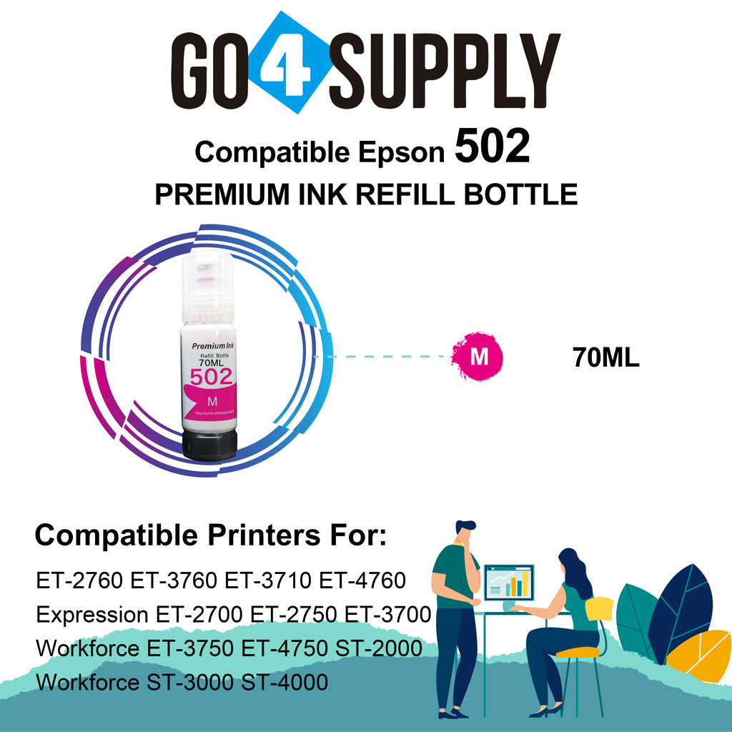 Compatible 502 Magenta Ink Refill Bottles for ET-2750 ET2760 ET-2803 ET-3750 ET-4750 ET-3760 ET-4760 ET-2850 ET-4800 ET-3700 ET-3710 ET-15000 ET-2800 ST-4000 Printer