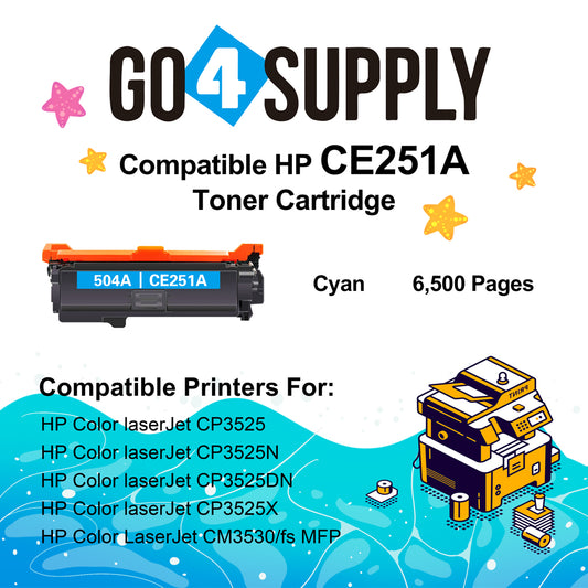 Compatible HP CE251A CE250A 504A Toner Cartridge to work for HP Color LaserJet CM3530 MFP, CM3530fs MFP, CP3525dn, CP3525n, CP3525x Printers (1 Pack, Cyan)