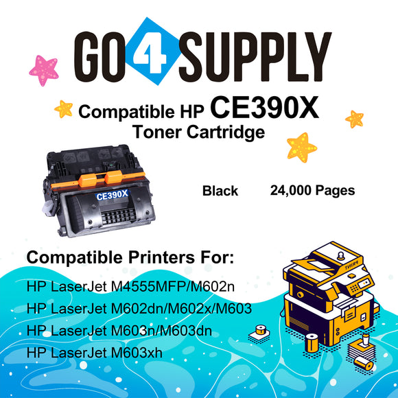 Compatible HP 90X 390X CE390X Toner Cartridge work with HP LaserJet Enterprise 600 Printer M602dn, M602n, M602x, M603dn, M603n, M603xh; LaserJet Enterprise M4555f MFP, M4555fskm MFP, M4555h MFP Printers