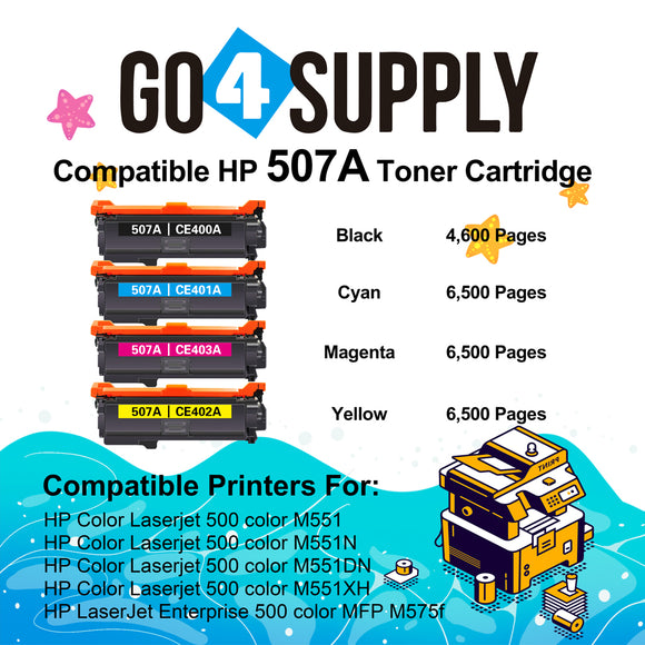 Compatible Combo Set HP 507A CE400A CE401A CE402A CE403A to use for HP LaserJet Enterprise 500 color M551, HP LaserJet Enterprise 500 color MFP M575, HP LaserJet Pro 500 color MFP M570 Series Printer