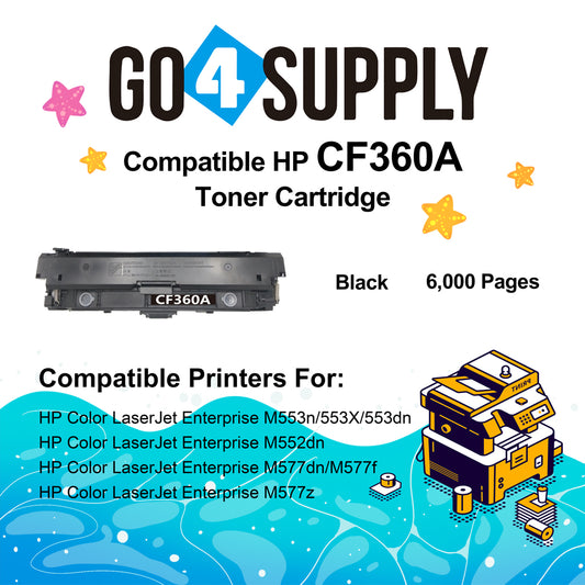 Compatible HP 508A CF360A Black Toner Cartridge to use for HP Color LaserJet Enterprise Flow MFP M577c, M577z; HP Color LaserJet Enterprise M552dn, M553dh, M553dn, M553n, M553x; HP Color LaserJet Enterprise MFP M577dn, M577f Printers