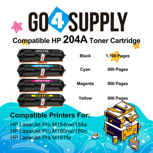 Compatible Combo Set HP 204A CF510A CF511A CF512A CF513A to use with HP Color LaserJet Pro M154a, M154nw; HP Color LaserJet Pro MFP M180fw, M180n, M180nw, M181fw Printers