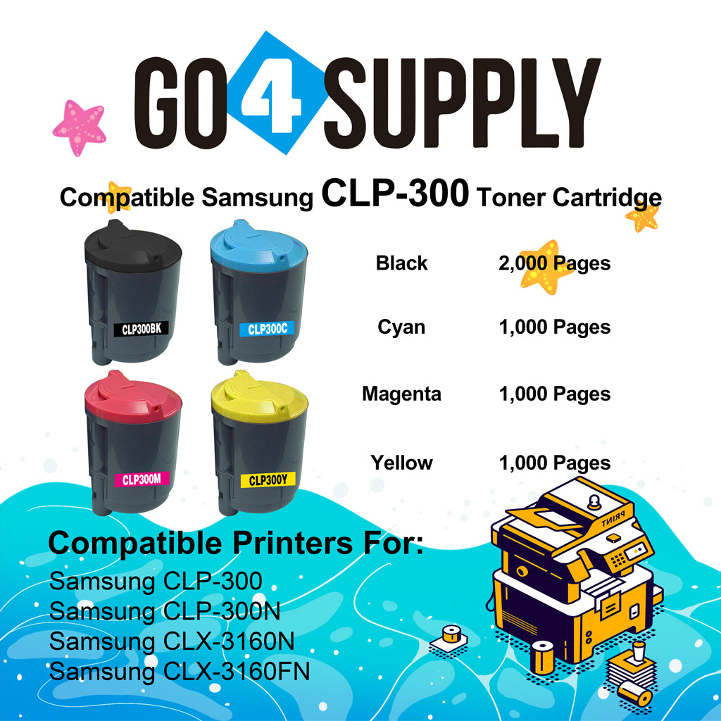 Compatible Combo Set Samsung CLP 300 CLP-K300A CLP-C300A CLP-M300A CLP-Y300A to use with SAMSUNG CLP-300 CLP-300N CLX-2160 CLX-2160N CLX-3160 CLX-3160FN Printers