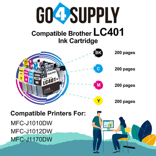 Compatible Brother LC401 LC-401 (BCMY) Set Combo Standard-Yield Ink Cartridge Replacement for MFC-J1010DW MFC-J1012DW MFC-J1170DW Printer
