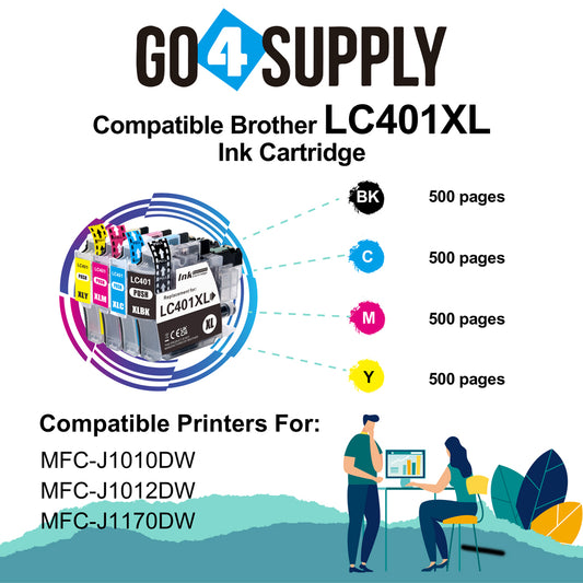 Compatible Brother LC401XL LC-401XL (BCMY) Set Combo Ink Cartridge Replacement for MFC-J1010DW MFC-J1012DW MFC-J1170DW Printer
