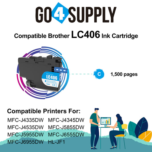 Compatible Brother LC406 LC-406 Cyan Ink Cartridge Replacement for MFC-J4335DW MFC-J4345DW MFC-J4535DW MFC-J5855DW MFC-J5955DW MFC-J6555DW MFC-J6955DW HL-JF1 Printer
