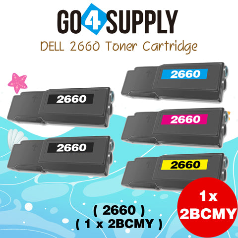 Compatible Dell 2660 set combo Black 593-BBBU 67H2T Cyan 593-BBBT TW3NN Magenta 593-BBBS V4TG6 Yellow 593-BBBR 2K1VC Toner Cartridge Replacement for C2660dn C2665dnf Laser Printer