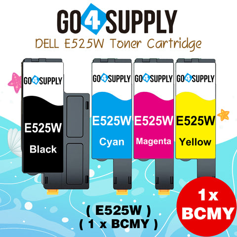 Compatible Combo Set Dell E525W 525 E525 525w to use with Dell E525W Color Laser Printer (Black 593-BBJX, Cyan 593-BBJU, Magenta 593-BBJV, Yellow 593-BBJW, 4-Pack)