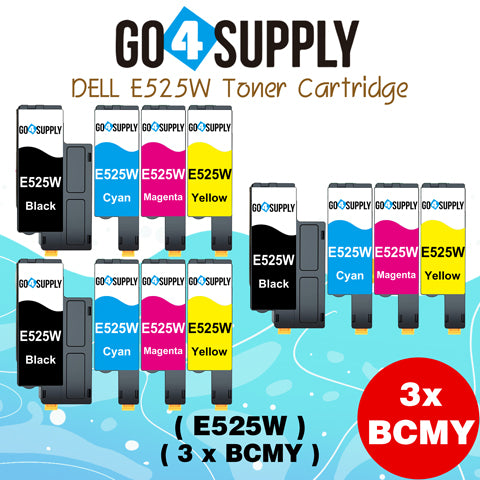 Compatible Combo Set Dell E525W 525 E525 525w to use with Dell E525W Color Laser Printer (Black 593-BBJX, Cyan 593-BBJU, Magenta 593-BBJV, Yellow 593-BBJW, 4-Pack)