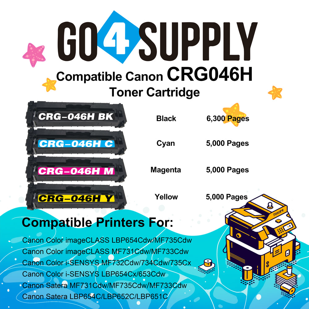 Compatible (High-Yield) CANON CRG046H (BCMY) Set Toner Cartridge CRG-046H Used for Color imageCLASS LBP654Cdw/MF735Cdw/MF731Cdw/MF733Cdw, Color i-SENSYS LBP654Cx/653Cdw/MF732Cdw/734Cdw/735Cx; Satera MF731Cdw/LBP654C/LBP652C/LBP651C/MF735Cdw/MF733Cdw