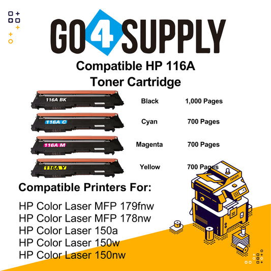Compatible Set Combo HP 116A W2060A W2061A W2062A W2063A Toner Cartridge Used for HP Color Laser MFP 179fnw/ 178nw; Color Laser 150a/ 150w/ 150nw Printer