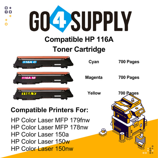Compatible 3-Color Combo HP 116A W2061A W2062A W2063A Toner Cartridge Used for HP Color Laser MFP 179fnw/ 178nw; Color Laser 150a/ 150w/ 150nw Printer