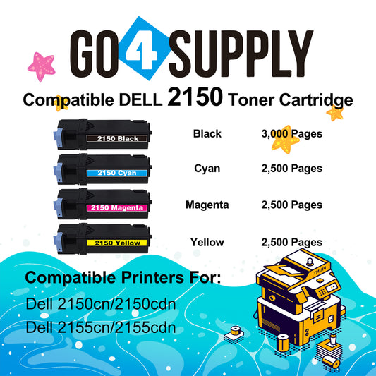 Compatible Dell 2150 set combo (BCMY) Black 331-0719 Cyan 331-0716 Magenta 331-0717 Yellow 331-0718 Toner Cartridge Replacement for 2150cdn 2155cn 2155cdn 2155 Laser Printer