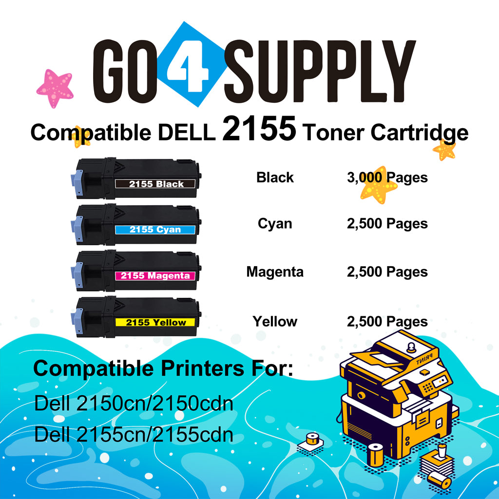 Compatible Dell 2155 Set Combo (BCMY) Toner Cartridge Replacement for 2150cn 2150cdn 2155cn 2155cdn Laser Printer