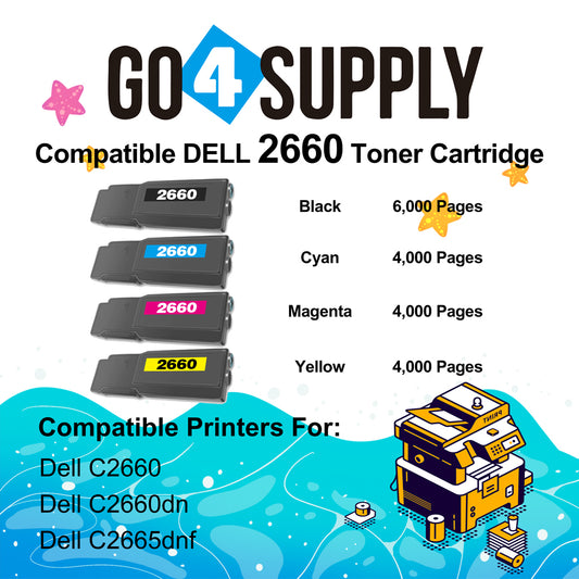 Compatible Dell 2660 set combo Black 593-BBBU 67H2T Cyan 593-BBBT TW3NN Magenta 593-BBBS V4TG6 Yellow 593-BBBR 2K1VC Toner Cartridge Replacement for C2660dn C2665dnf Laser Printer