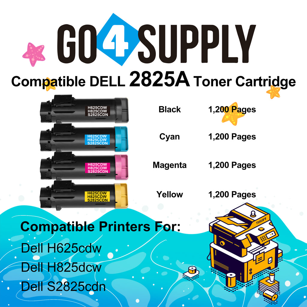 Compatible (BK 3,000 Yield, C/M/Y 2,500 Yield) Dell 2825 set combo Black 593-BBOW N7DWF Cyan 593-BBOX P3HJK Magenta 593-BBOY 5PG7P Yellow 593-BBOZ 3P7C4 Toner Cartridge Replacement for H625cdw H825cdw S2825cdn Printer