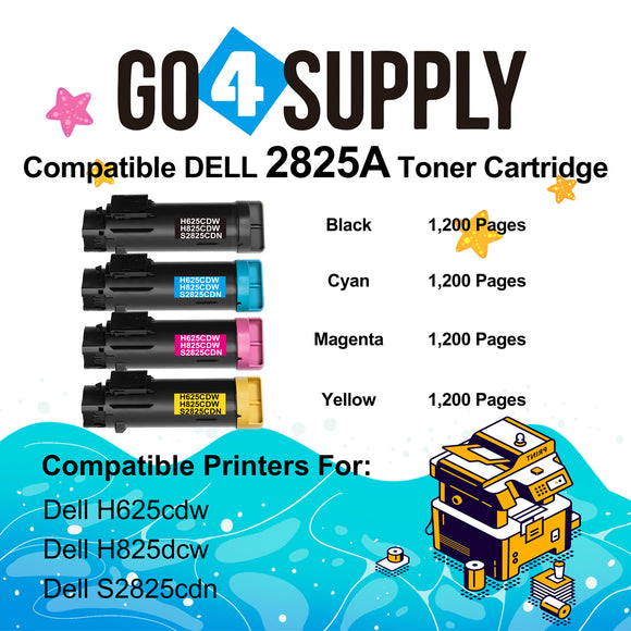 Compatible (BK 3,000 Yield, C/M/Y 2,500 Yield) Dell 2825 set combo Black 593-BBOW N7DWF Cyan 593-BBOX P3HJK Magenta 593-BBOY 5PG7P Yellow 593-BBOZ 3P7C4 Toner Cartridge Replacement for H625cdw H825cdw S2825cdn Printer
