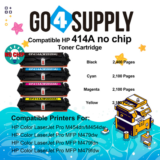Compatible HP CF414A (NO CHIP) W2020A W2021A W2022A W2023A Set Combo Toner Cartridge Used for Color LaserJet Pro M454dn/M454dw; MFP M479dw/M479fdn/M479fdw/M454nw; Enterprise M455dn/ MFP M480f/ MFP M480f; Color LaserJet Managed E45028