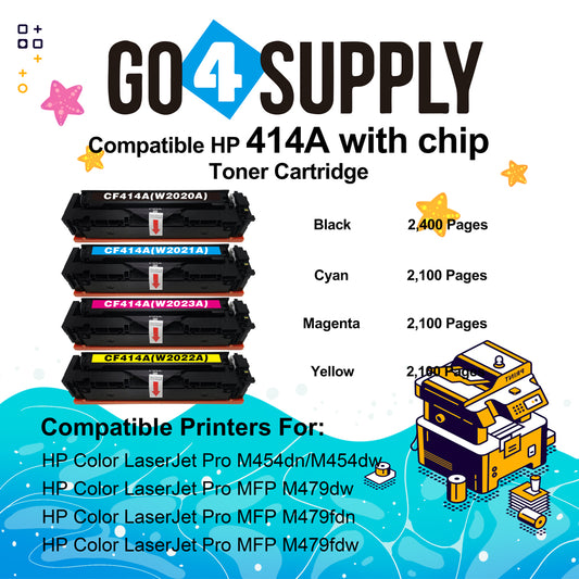 Compatible HP CF414A (WITH CHIP) W2020A W2021A W2022A W2023A Set Combo Toner Cartridge Used for Color LaserJet Pro M454dn/M454dw; MFP M479dw/M479fdn/M479fdw/M454nw; Enterprise M455dn/ MFP M480f/ MFP M480f; Color LaserJet Managed E45028