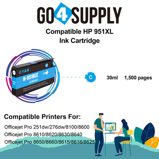 Compatible Cyan HP 951xl Ink Cartridge Used for HP Officejet Pro 251dw/276dw/8100/8600/8610/8620/8630/8640/8650/8660/8615/8616/8625 Printer
