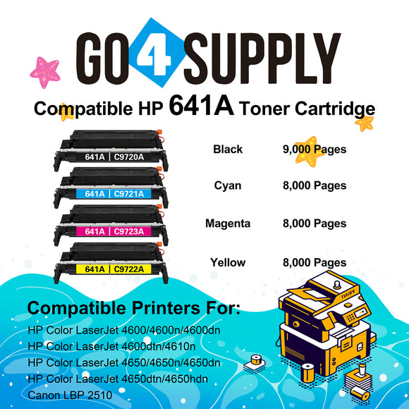 Compatible Combo Set HP 641A C9720A C9721A C9722A C9723A to use for HP Color LaserJet 4650DN 4650N 4610 4600 4600DN 4600N 4650 Printers