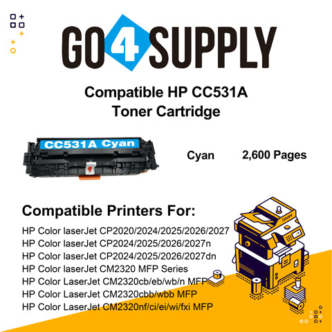 Compatible Cyan HP 531 CC531A 531A Toner Cartridge Used for HP Color laserJet CP2020/ 2024/ 2025/ 2026/ 2027/ 2024n/ 2024dn/ 2025n/ 2025dn/ 2025x/ 2026n/ 2026dn/ 2027n/ 2027dn; CM2320 MFP Series Printer