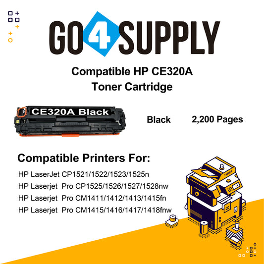 Compatible HP Black CE320A Toner Cartridge Used for HP LaserJet CP1521/1522/1523/1525n; Pro CP1525/1526/1527/1528nw; Pro CM1411/1412/1413/1415fn; Pro CM1415/1416/1417/1418fnw Printer