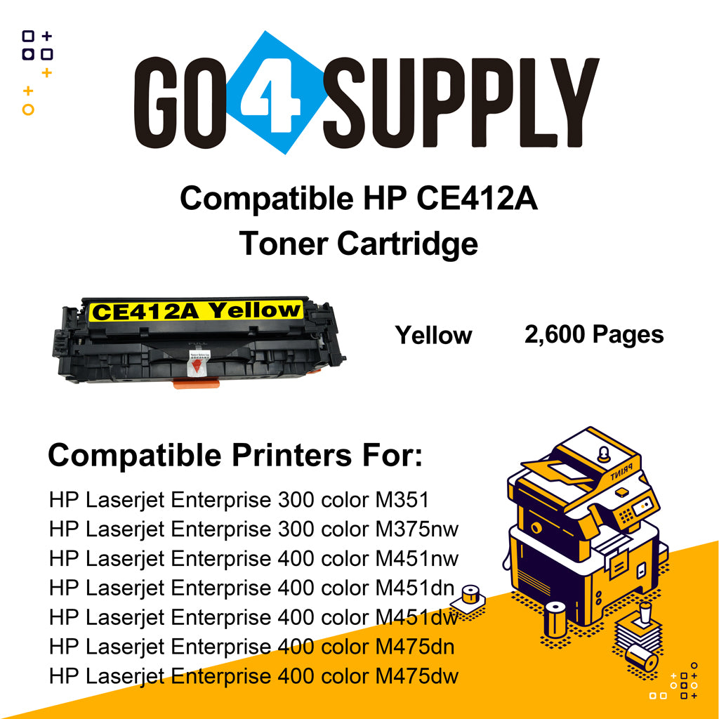 Compatible Yellow HP 412 CE412A 412A Toner Cartridge Used for HP Laserjet Enterprise 300 color M351/ MFP M375nw; 400 color M451nw/M451dn/M451dw/ MFP M475dn/M475dw Printer
