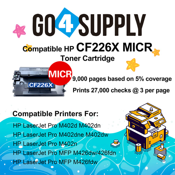 Compatible (High Yield) HP Micr Toner Cartridge CF226X 226X Used for LaserJet Pro MFP M426dw/M426fdn/M426fdw; LaserJet Pro M402dn/M402n/M402dw/M402d Printers