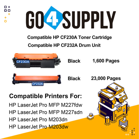 Compatible Kits Combo HP 230A CF230A 30A Toner Unit with 232A CF232A 32A Drum Unit Used for HP LaserJet Pro M203dn/203dw; MFP M227fdw/227sdn Printer