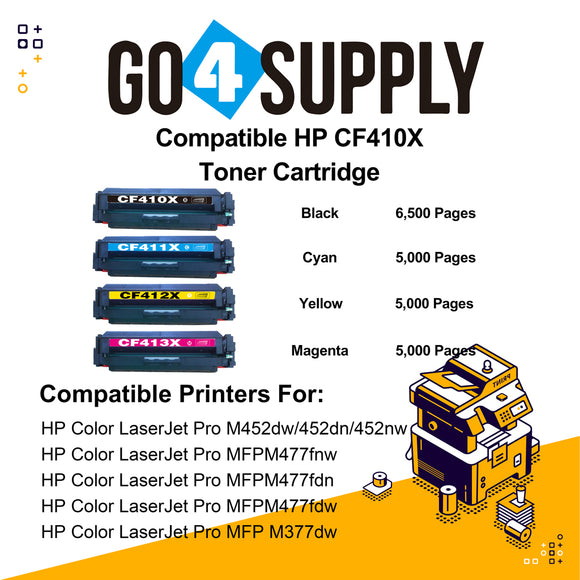 Compatible Set Combo HP 410X CF410X CF411X CF412X CF413X Toner Cartridge Used for Color LaserJet Pro M452dw/452dn/452nw, Color LaserJet Pro MFPM477fnw/M477fdn/M477fdw, Color LaserJet Pro MFP M377dw Printers
