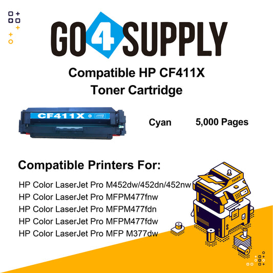 Compatible Cyan HP 411X CF411X Toner Cartridge Used for Color LaserJet Pro M452dw/452dn/452nw, Color LaserJet Pro MFPM477fnw/M477fdn/M477fdw, Color LaserJet Pro MFP M377dw Printers
