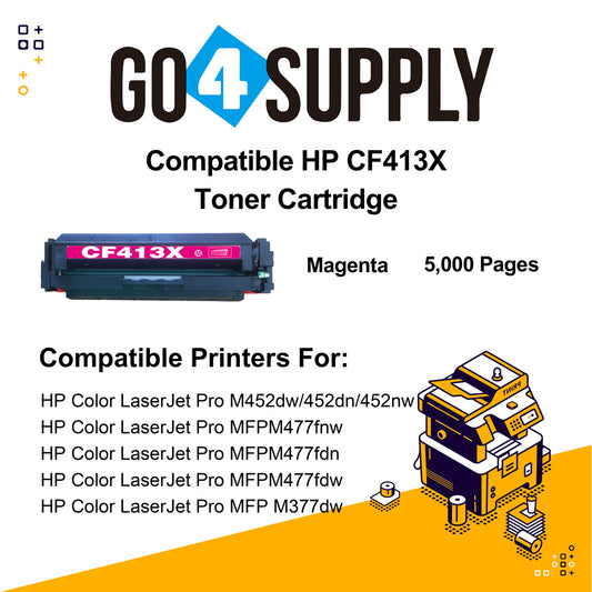 Compatible Magenta HP 413X CF413X Toner Cartridge Used for Color LaserJet Pro M452dw/452dn/452nw, Color LaserJet Pro MFPM477fnw/M477fdn/M477fdw, Color LaserJet Pro MFP M377dw Printers