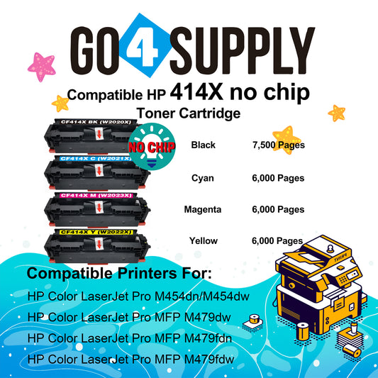 Compatible HP CF414X (NO CHIP) W2020X W2021X W2022X W2023X Set Combo Toner Cartridge Used for Color LaserJet Pro M454dn/M454dw; MFP M479dw/M479fdn/M479fdw/M454nw; Enterprise M455dn/ MFP M480f/ MFP M480f; Color LaserJet Managed E45028