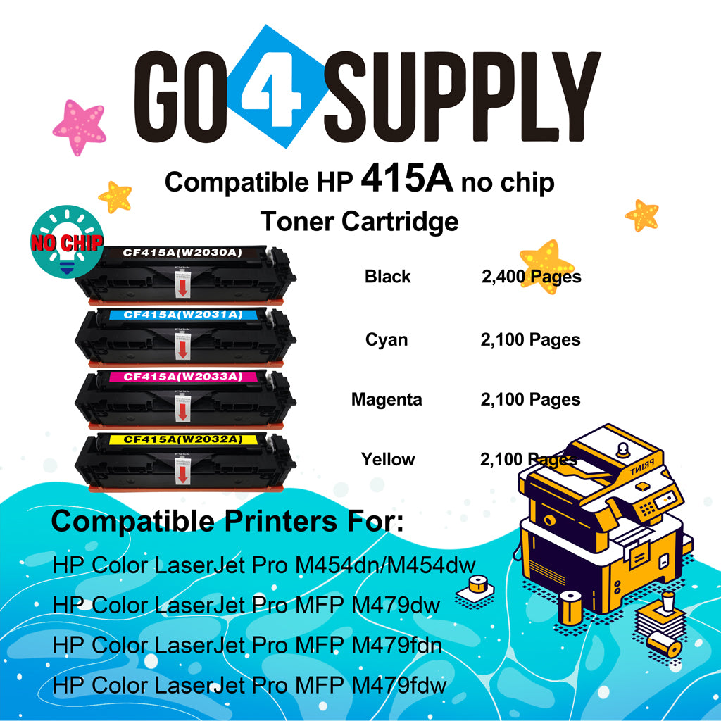 Compatible HP Set Combo W2030A W2031A W2032A W2033A CF415A (BCMY, NO CHIP) Toner Cartridge Used for Color LaserJet Pro M454dn/M454dw; MFP M479dw/M479fdn/M479fdw/M454nw; Enterprise M455dn/MFP M480f; Color LaserJet Managed E45028