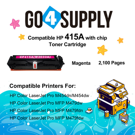 Compatible HP Magenta W2033A CF415A (WITH CHIP) Toner Cartridge Used for Color LaserJet Pro M454dn/M454dw; MFP M479dw/M479fdn/M479fdw/M454nw; Enterprise M455dn/MFP M480f; Color LaserJet Managed E45028