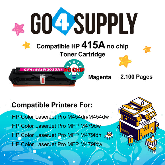 Compatible HP Magenta W2033A CF415A (NO CHIP) Toner Cartridge Used for Color LaserJet Pro M454dn/M454dw; MFP M479dw/M479fdn/M479fdw/M454nw; Enterprise M455dn/MFP M480f; Color LaserJet Managed E45028