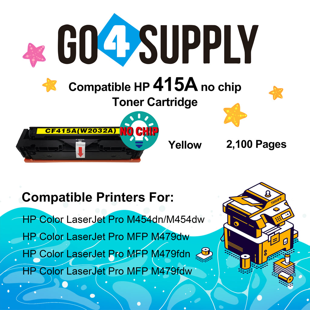 Compatible HP Yellow W2032A CF415A (NO CHIP) Toner Cartridge Used for Color LaserJet Pro M454dn/M454dw; MFP M479dw/M479fdn/M479fdw/M454nw; Enterprise M455dn/MFP M480f; Color LaserJet Managed E45028
