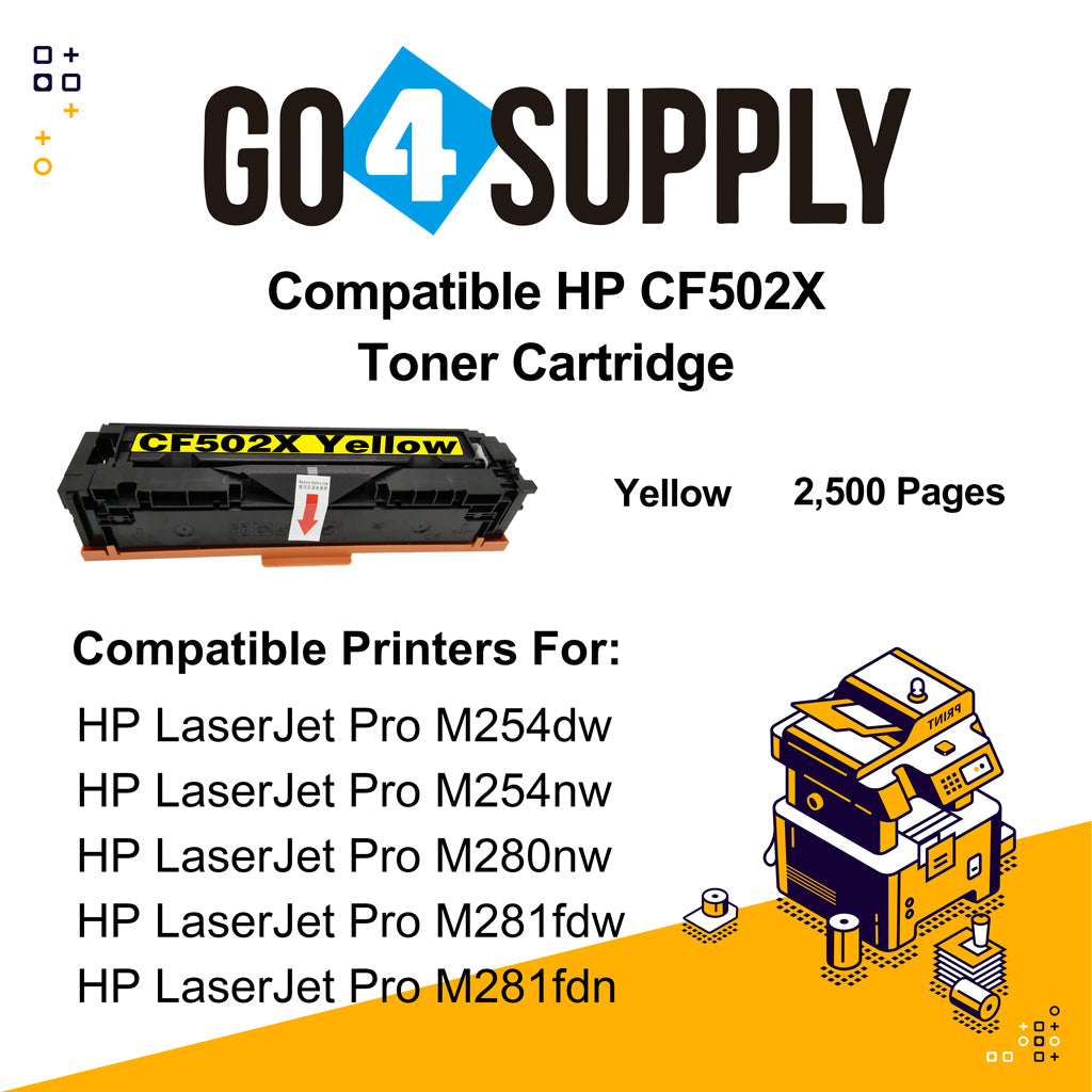 Compatible Yellow HP 502x CF500x 202x Toner Cartridge Used for HP Color LaserJet Pro M254/M254dw/254nw; MFP M281cdw/281fdn/281fdw/280/280nw Printer