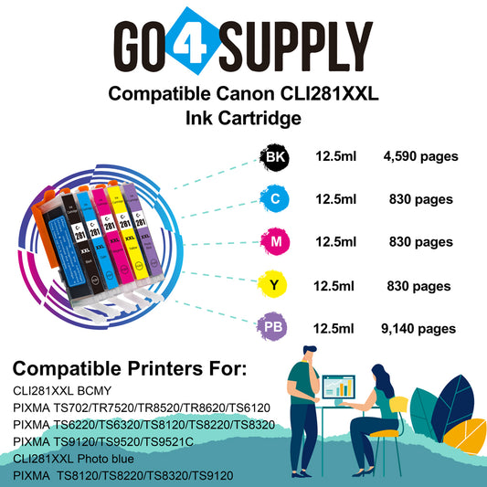 Compatible 4-Color Set (BCMY) Canon CLI281 CLI281XXL CLI-281XXL Ink Cartridge CLI281XL CLI-281XL Used for PIXMA TS702/TR7520/TR8520/TR8620/TS6120/TS6220/TS6320/TS8120/TS8220/TS8320/TS9120/TS9520/TS9521C Printers