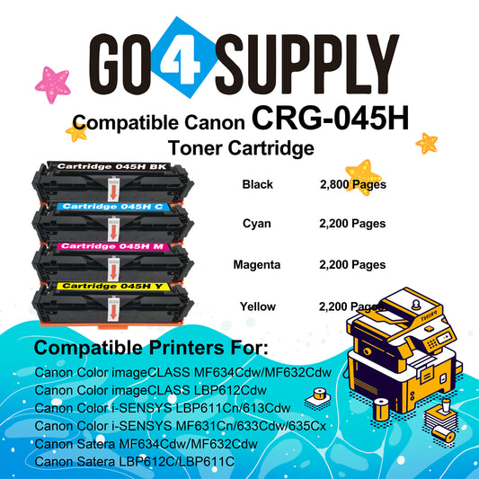 Compatible (High-Yield Page) CANON CRG-045H CRG045H (BCMY) Set Toner Cartridge Used for Color imageCLASS MF634Cdw/LBP612Cdw/MF632Cdw; i-SENSYS MF631Cn/633Cdw/635Cx/LBP611Cn/613Cdw