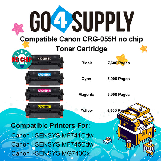 Compatible (High-Yield Page) CANON CRG055H (BCMY, NO CHIP) Set Combo CRG-055H Toner Cartridge Used for Canon i-SENSYS MF741Cdw;  i-SENSYS MF745Cdw;  i-SENSYS MG743Cx