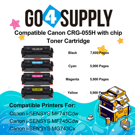 Compatible (High-Yield Page) CANON CRG055H (BCMY, WITH CHIP) Set Combo CRG-055H Toner Cartridge Used for Canon i-SENSYS MF741Cdw;  i-SENSYS MF745Cdw;  i-SENSYS MG743Cx